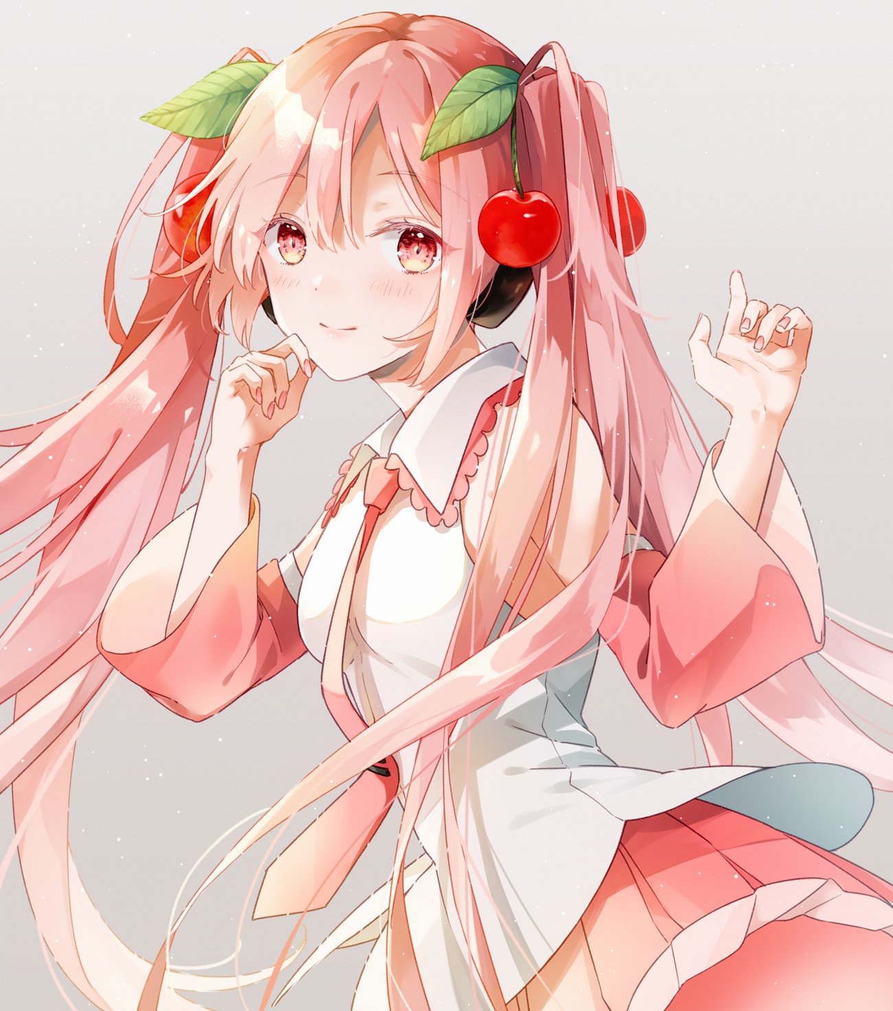 1girl aoi_yuki bangs blush breasts cherry_hair_ornament crypton_future_media detached_sleeves eyebrows_visible_through_hair food food_themed_hair_ornament fruit gradient gradient_background grey_background hair_ornament hands_up hatsune_miku headphones highres long_hair looking_at_viewer nail_polish necktie piapro pink_eyes pink_hair pink_legwear pink_nails pink_neckwear pink_skirt pink_sleeves pleated_skirt sakura_miku shirt skirt sleeveless sleeveless_shirt small_breasts smile solo thigh-highs twintails very_long_hair vocaloid white_shirt