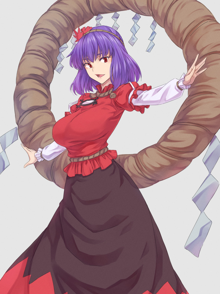 1girl bangs black_skirt breasts cowboy_shot eyebrows_behind_hair grey_background hair_ornament hands_on_hips highres kakone large_breasts leaf_hair_ornament long_skirt long_sleeves looking_at_viewer mirror open_mouth outstretched_arms purple_hair red_eyes red_shirt rope shide shimenawa shirt short_hair short_over_long_sleeves short_sleeves simple_background skirt solo spread_arms standing touhou yasaka_kanako