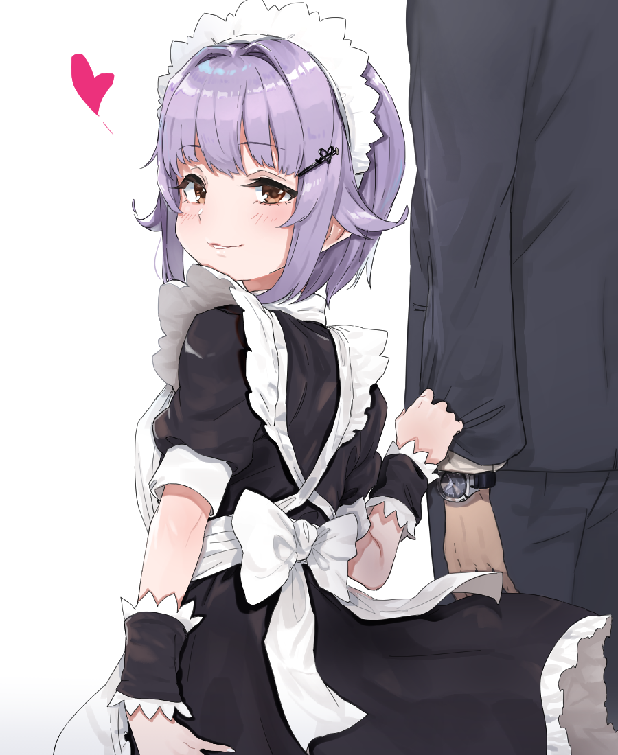 1boy 1girl alternate_costume apron brown_eyes enmaided formal idolmaster idolmaster_cinderella_girls koshimizu_sachiko looking_at_viewer looking_back maid maid_apron maid_headdress purple_hair short_hair sleeve_tug suit wataro_(watawatawatapon) watch watch white_background wrist_cuffs