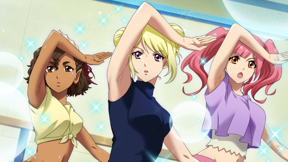 3girls armpits bare_arms blonde_hair breasts brown_eyes brown_hair claire_paddle crop_top crop_top_overhang dancing dark_skin dark-skinned_female double_bun fins game_cg gills long_hair lydie_legrand macross macross_delta makina_nakajima midriff multiple_girls navel official_art orange_eyes pink_hair pointy_ears short_hair sleeveless sleeveless_turtleneck sweat turtleneck twintails uta_macross_sumaho_deculture violet_eyes wavy_hair younger