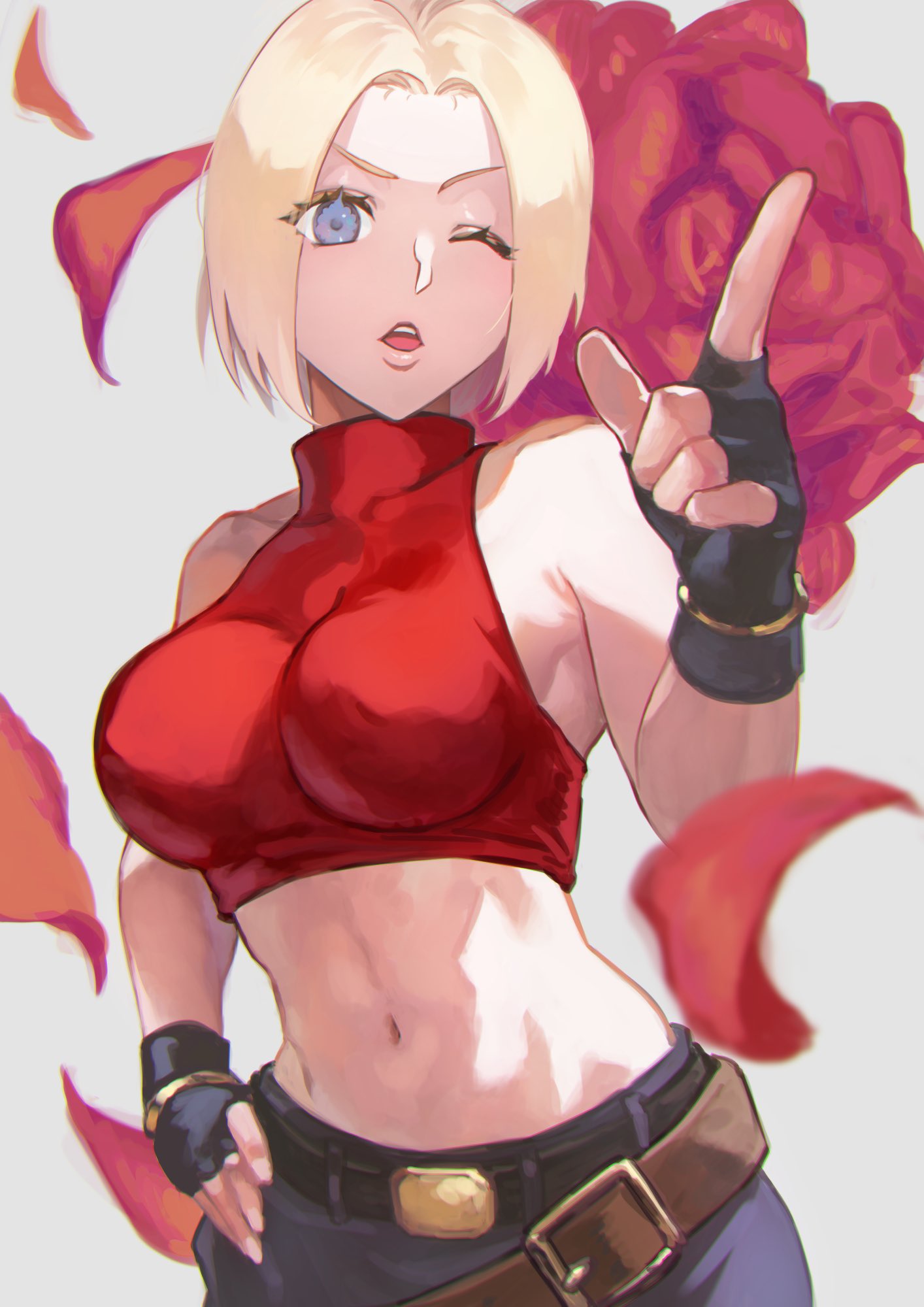 1girl abs bare_shoulders belt black_gloves blonde_hair blue_eyes blue_mary bob_cut breasts covered_collarbone crop_top denim fatal_fury fingerless_gloves flower gloves grey_background hair_intakes hand_on_hip hand_up highres index_finger_raised large_breasts looking_at_viewer midriff multiple_belts muscular muscular_female navel one_eye_closed open_mouth otsudou parted_hair parted_lips petals pose rose shirt short_hair simple_background solo the_king_of_fighters toned turtleneck