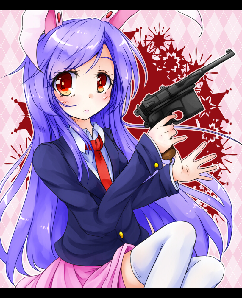 1girl animal_ears argyle argyle_background bangs black_jacket blazer blush closed_mouth collared_shirt commentary_request cookie_(touhou) feet_out_of_frame gun handgun hisui_(cookie) holding holding_gun holding_weapon jacket letterboxed long_hair long_sleeves looking_to_the_side luger_p08 necktie neko_mata pink_background pink_skirt pistol pleated_skirt purple_hair rabbit_ears red_eyes red_neckwear reisen_udongein_inaba shirt skirt solo swept_bangs thigh-highs touhou weapon white_legwear white_shirt