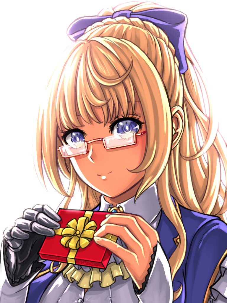 1girl bangs blonde_hair blue_bow blue_eyes bow box bright_pupils english_commentary eyebrows_behind_hair glasses hair_behind_ear hair_bow holding holding_box long_hair looking_at_viewer marica_bellerose mechanical_arms myholo_tv single_mechanical_arm smile solo substance20 upper_body valentine virtual_youtuber white_background white_pupils yellow_bow