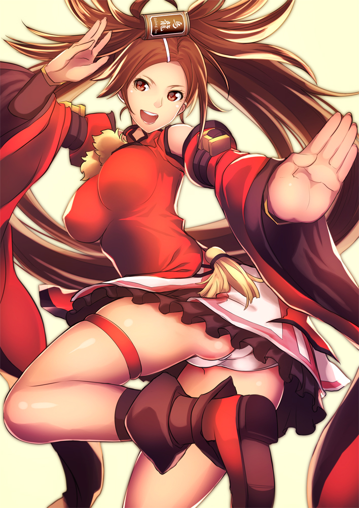 1girl absurdly_long_hair akai_kagerou ankle_boots boots brown_eyes brown_hair china_dress chinese_clothes detached_sleeves dress fighting_stance guilty_gear guilty_gear_xrd hair_ring jumping kuradoberi_jam long_hair long_sleeves looking_at_viewer panties red_dress twintails underwear very_long_hair white_panties wide_sleeves