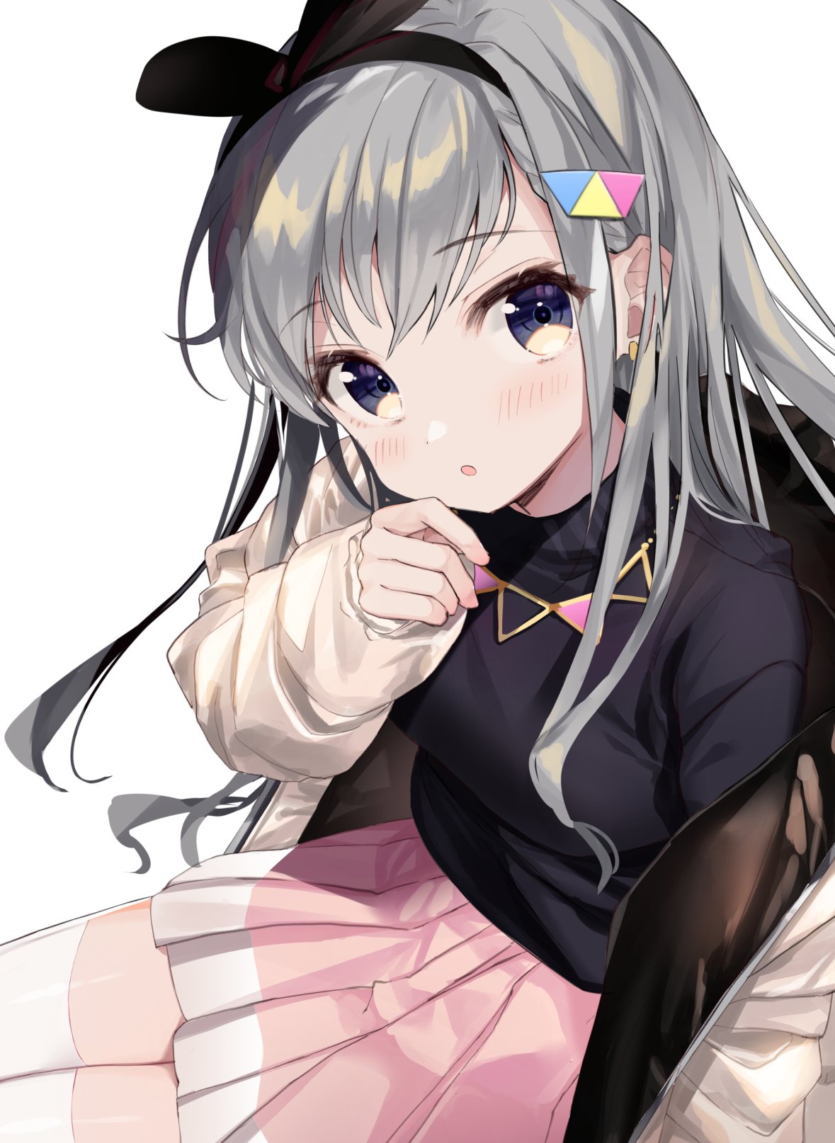 1girl bangs black_shirt blue_eyes blush bow_hairband earrings eyebrows_visible_through_hair hair_ornament hairband hand_on_own_chin highres hisakawa_hayate idolmaster idolmaster_cinderella_girls jacket jewelry kanda_done long_hair long_sleeves looking_at_viewer necklace parted_lips pink_skirt pleated_skirt shirt silver_hair sitting skirt solo thigh-highs white_background white_jacket white_legwear zettai_ryouiki