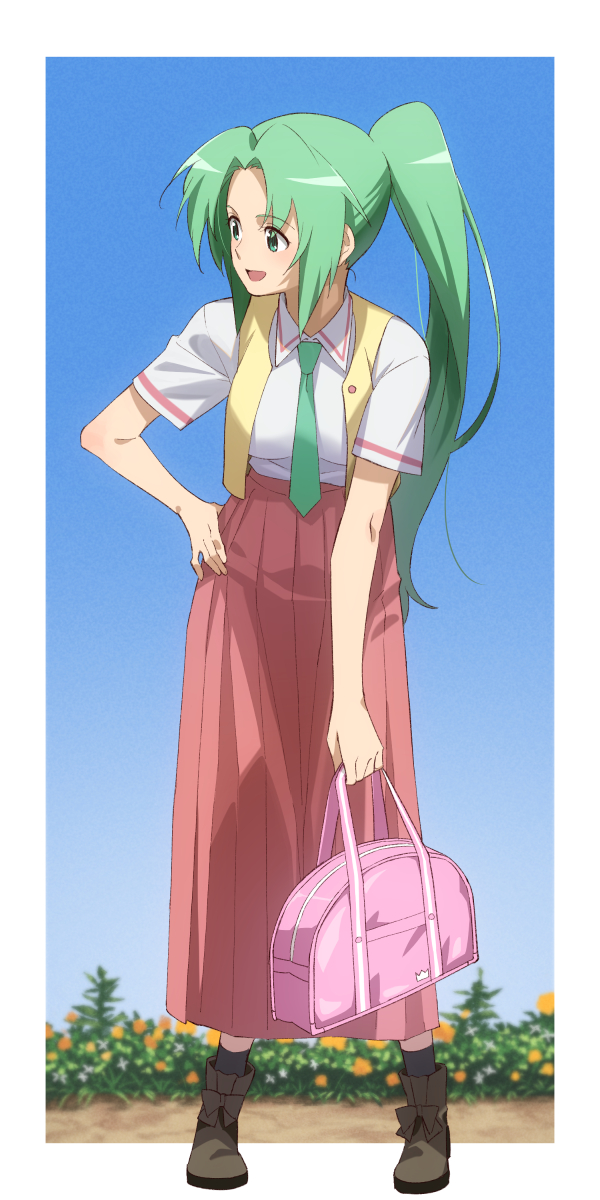 1girl :d bag black_legwear blue_sky blurry blurry_background border breasts brown_footwear collared_shirt full_body green_eyes green_hair green_neckwear gulim hair_intakes hand_on_hip high_ponytail highres higurashi_no_naku_koro_ni holding holding_bag leaning_forward long_hair long_skirt medium_breasts necktie open_mouth outside_border pink_skirt pleated_skirt shiny shiny_hair shirt short_sleeves skirt sky smile socks solo sonozaki_mion standing very_long_hair white_border white_shirt wing_collar