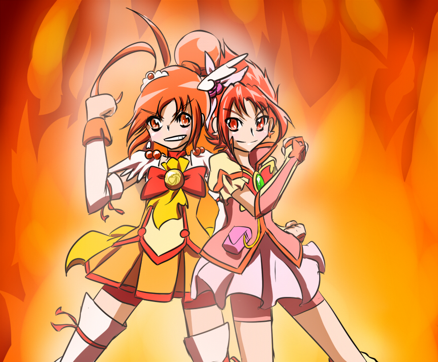 2girls badass crossover cure_rouge cure_sunny duo fanart_from_pixiv fiery_background fire fire_cure hino_akane natsuki_rin pixiv precure smile_precure! yes!_precure_5 yes!_precure_5_gogo! yes!_pretty_cure_5 yes!_pretty_cure_5_gogo!