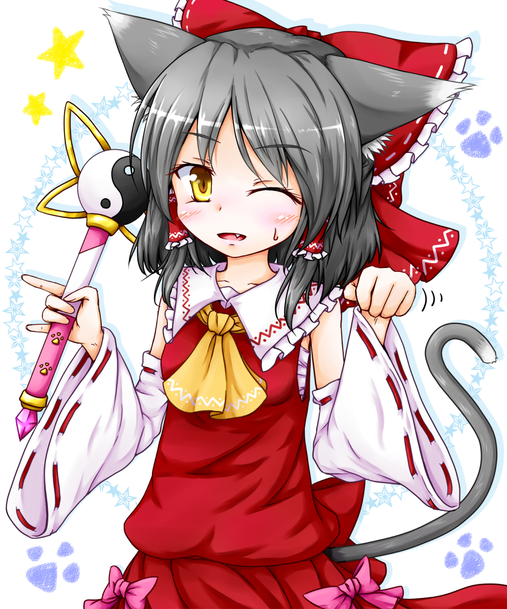 1girl animal_ears ascot bangs black_hair blush bow breasts cat_ears cat_tail commentary_request cookie_(touhou) detached_sleeves eyebrows_visible_through_hair fang frilled_bow frilled_hair_tubes frills hair_bow hair_tubes hakurei_reimu highres holding holding_wand kemonomimi_mode looking_at_viewer medium_hair neko_mata one_eye_closed open_mouth paw_pose paw_print pink_bow red_bow red_shirt ribbon-trimmed_sleeves ribbon_trim sananana_(cookie) sarashi shirt sleeveless sleeveless_shirt small_breasts solo star_(symbol) sweatdrop tail touhou upper_body wand white_background white_sleeves yellow_eyes yellow_neckwear yin_yang