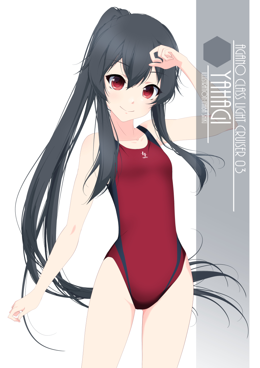 1girl alternate_breast_size artist_name black_hair character_name competition_swimsuit cowboy_shot flat_chest highres inaba_shiki kantai_collection long_hair looking_at_viewer one-hour_drawing_challenge one-piece_swimsuit ponytail red_eyes red_swimsuit scrunchie sidelocks simple_background solo standing swimsuit white_background yahagi_(kancolle)