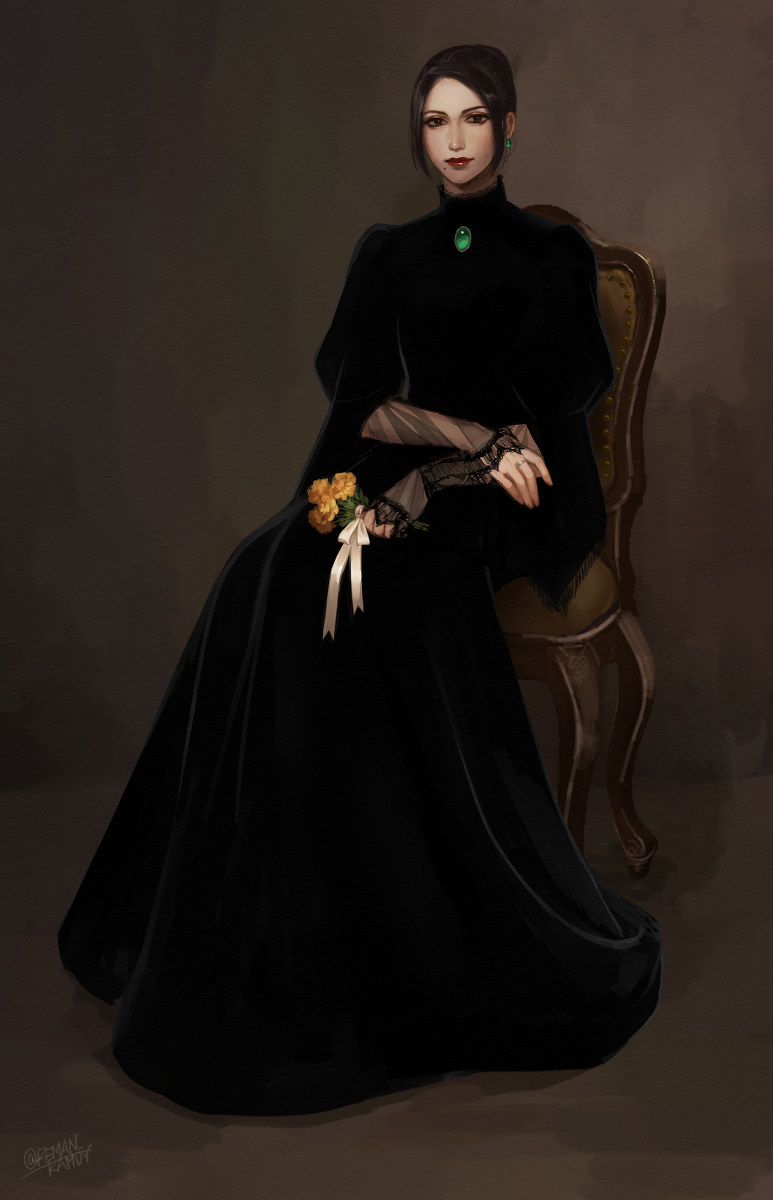 1girl black_dress brown_eyes brown_hair dress earrings faux_traditional_media flower gem golden_kamuy highres ienaga_kano jewelry long_dress looking_at_viewer mole red_lips reman_kamuy short_hair sitting texture transparent_gloves twintails