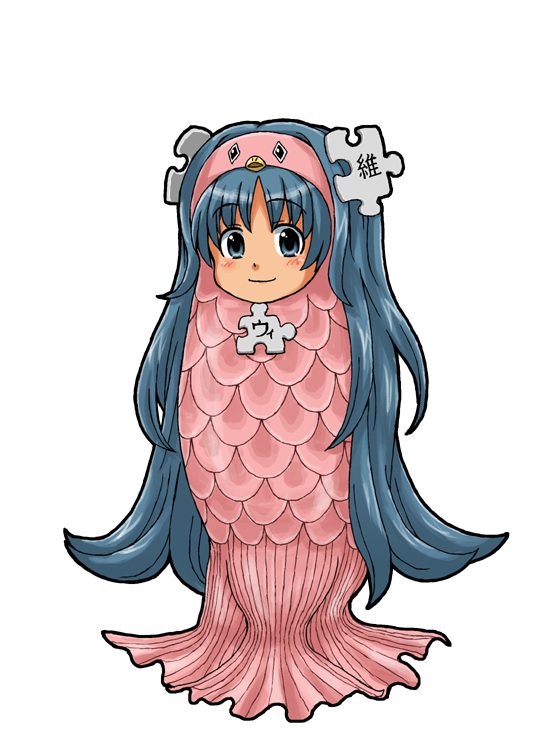 1girl amabie blue_hair costume full_body kasuga39 long_hair outline puzzle_piece puzzle_piece_hair_ornament simple_background smile solo very_long_hair white_background wikipe-tan wikipedia