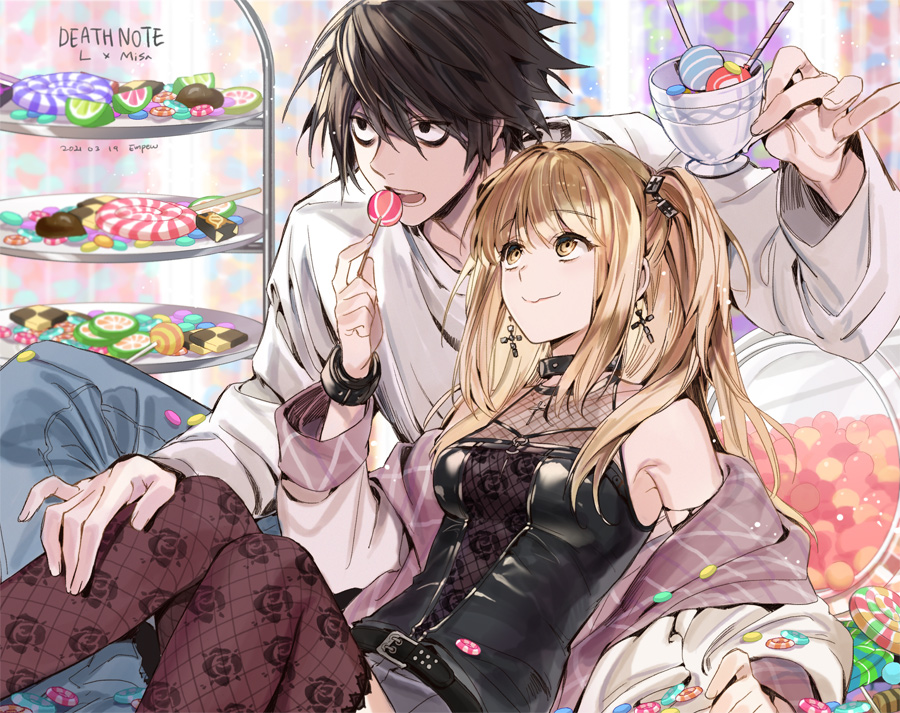 1boy 1girl amane_misa bags_under_eyes bangs black_eyes black_hair black_shirt blonde_hair candy choker cross cross_earrings cup death_note denim earrings empew eyebrows_visible_through_hair feeding fishnet_legwear fishnets food hair_between_eyes hand_on_another's_leg holding holding_candy holding_cup holding_food holding_lollipop indoors jeans jewelry l_(death_note) lollipop long_hair looking_at_another off_shoulder open_mouth pants shirt sitting t-shirt thigh-highs twintails white_shirt yellow_eyes