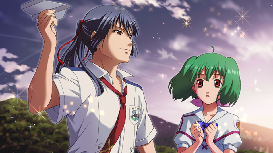 1boy 1girl ahoge blue_hair brown_eyes game_cg green_hair long_hair macross macross_frontier mihoshi_academy_uniform necktie official_art outdoors paper_airplane ponytail ranka_lee saint_mary's_academy_uniform saotome_alto short_hair uta_macross_sumaho_deculture