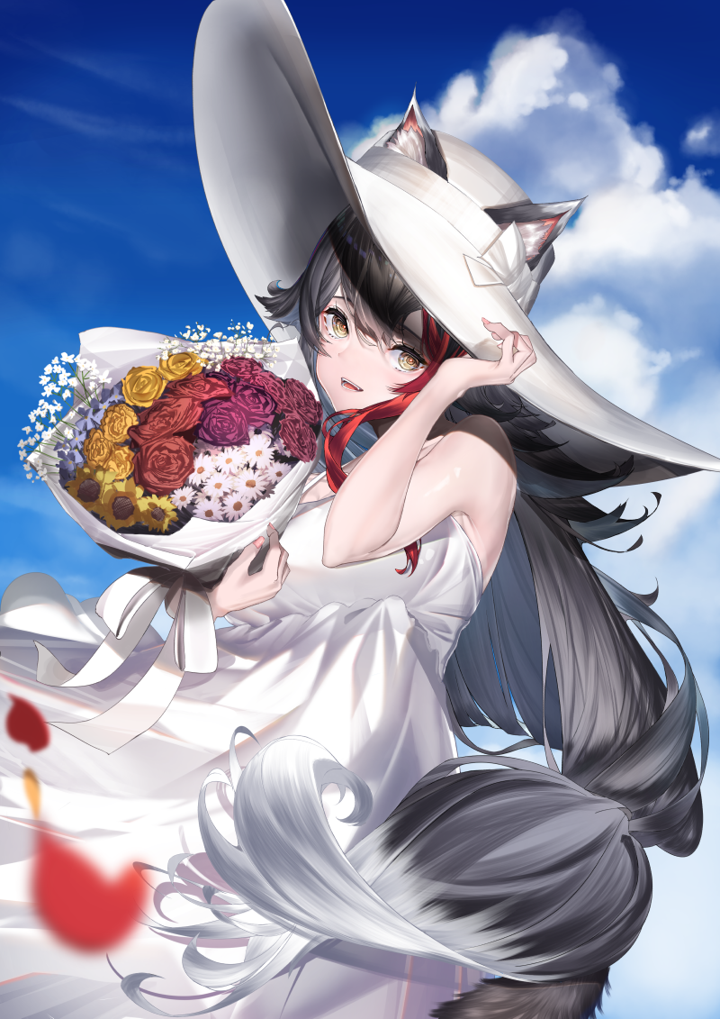 1girl animal_ears bangs bare_arms black_hair blue_sky bouquet clouds cloudy_sky commentary_request dress dutch_angle ears_through_headwear eyebrows_visible_through_hair flower hair_between_eyes hat holding holding_bouquet holding_clothes holding_hat hololive lamium_(artist) long_hair looking_at_viewer multicolored_hair ookami_mio open_mouth outdoors petals redhead sidelocks sky sleeveless sleeveless_dress solo sun_hat sundress tail two-tone_hair very_long_hair virtual_youtuber white_dress white_headwear wolf_ears wolf_girl wolf_tail yellow_eyes