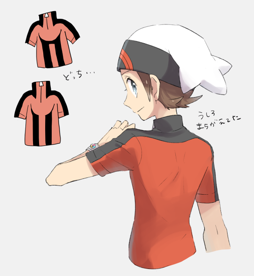 1boy beanie blue_eyes bracelet brendan_(pokemon) brown_hair closed_mouth commentary_request from_behind hand_up hat jewelry looking_at_viewer looking_back male_focus niimura_(csnel) pokemon pokemon_(game) pokemon_oras shirt short_hair short_sleeves smile solo translation_request upper_body white_headwear