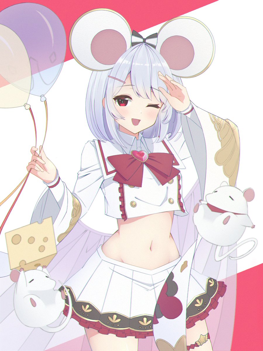 1girl ;d animal_ears balloon bangs blush bow breasts cheese contrapposto cowboy_shot food granblue_fantasy groin hair_ornament highres looking_at_viewer medium_hair midriff mouse mouse_ears navel one_eye_closed open_mouth red_eyes silver_hair skirt small_breasts smile solo thigh_strap tsumugi_1210 vikala_(granblue_fantasy) white_background white_skirt