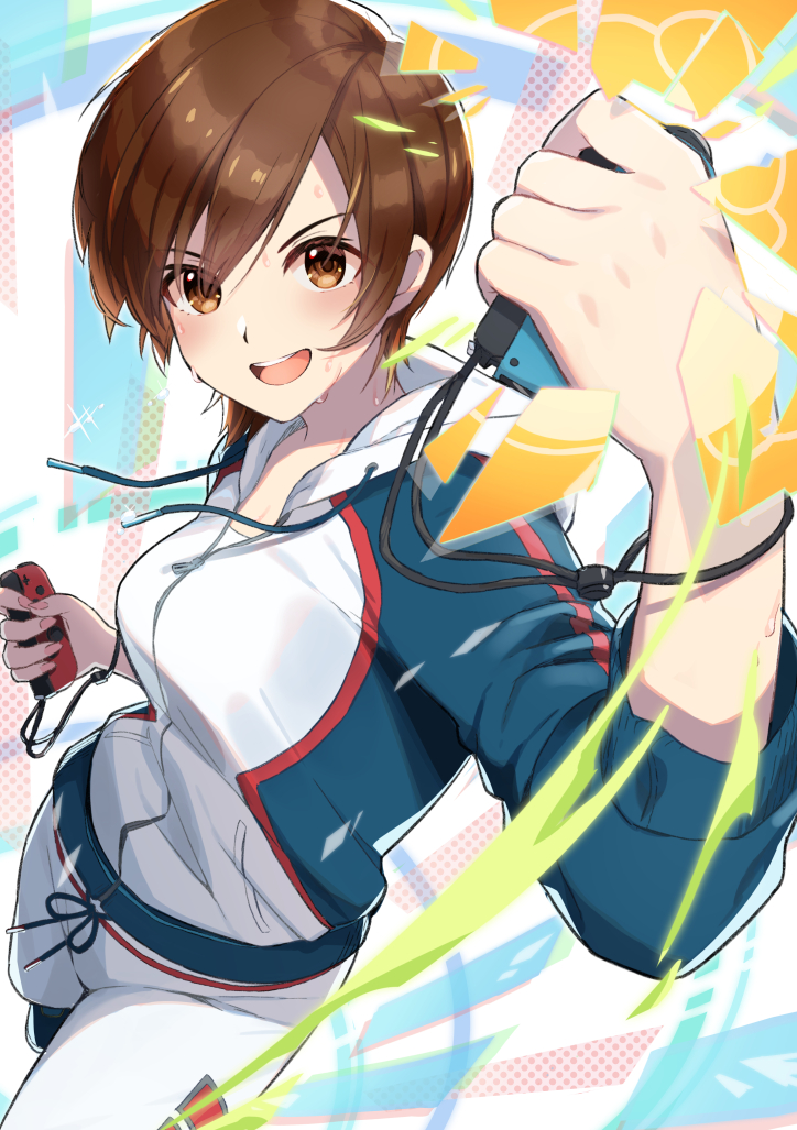 1girl :d bangs blue_sleeves blush breasts brown_eyes brown_hair clenched_hands commentary drawstring eyebrows_visible_through_hair fitness_boxing gotounoriji hair_between_eyes hand_up hood hood_down hooded_jacket jacket joy-con lin_(fitness_boxing) long_sleeves looking_at_viewer medium_breasts multicolored multicolored_background open_mouth pants punching short_hair sidelocks smile solo sportswear sweat upper_teeth white_jacket white_pants zipper