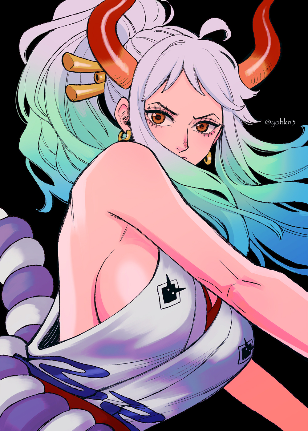 1girl ahoge bare_arms bare_shoulders black_background blue_hair breasts closed_mouth curled_horns earrings floating_hair green_hair grey_hair hair_ornament hair_stick high_ponytail highres horns japanese_clothes jewelry kataginu large_breasts long_hair looking_at_viewer multicolored_hair multicolored_horns one_piece oni orange_eyes orange_horns outstretched_arms red_horns rope serious shimenawa sideboob sidelocks simple_background solo twitter_username upper_body yamato_(one_piece) youkan_(tako)