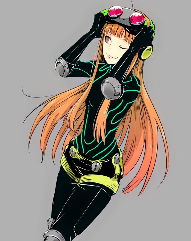 1girl arms_up bangs elbow_pads gloves goggles goggles_on_head grey_background hands_up holding holding_goggles knee_pads long_hair one_eye_closed orange_hair persona persona_5 sakura_futaba shiweru simple_background skin_tight smile violet_eyes