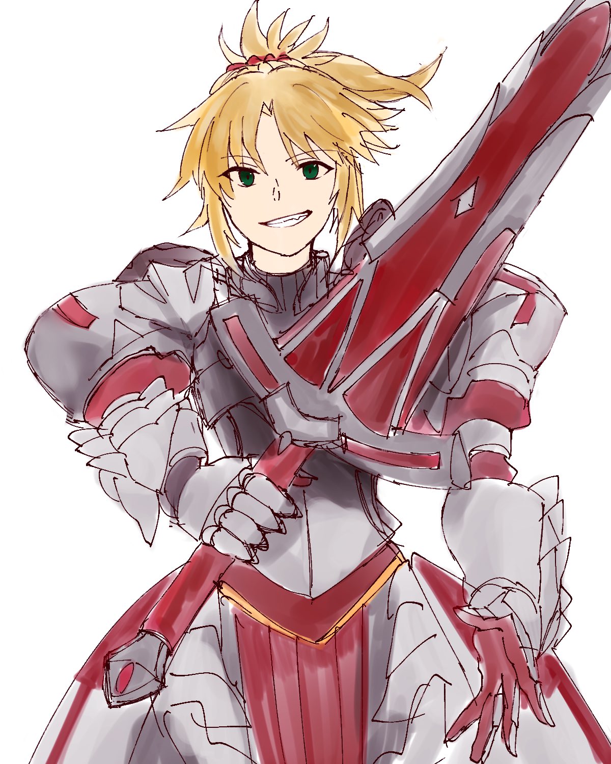 1girl armor breastplate clarent_(fate) fang fate/grand_order fate_(series) gloves greaves green_eyes highres looking_at_viewer mordred_(fate) mordred_(fate)_(all) pauldrons pelvic_curtain ponytail rasuku red_scrunchie scrunchie shoulder_armor sketch smile solo white_background