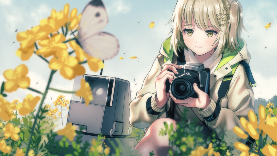 1girl arknights bangs black_legwear blonde_hair bug butterfly camera closed_mouth day eyebrows_visible_through_hair flower green_eyes grey_jacket holding holding_camera hood hood_down hooded_jacket insect jacket lens_(arknights) long_sleeves one_side_up outdoors petals scene_(arknights) short_hair single_thighhigh smile tanagawa_makoto thigh-highs yellow_flower