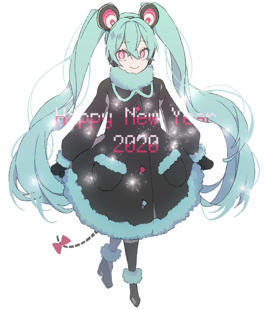 1girl 2020 animal_ears aqua_hair bangs boots bow crypton_future_media dress eiku full_body fur-trimmed_boots fur-trimmed_dress fur_trim hair_between_eyes happy_new_year hatsune_miku headphones high_heel_boots high_heels long_hair looking_at_viewer mittens mouse_ears mouse_tail new_year piapro pink_eyes smile solo standing tail tail_bow tail_ornament twintails very_long_hair vocaloid white_background