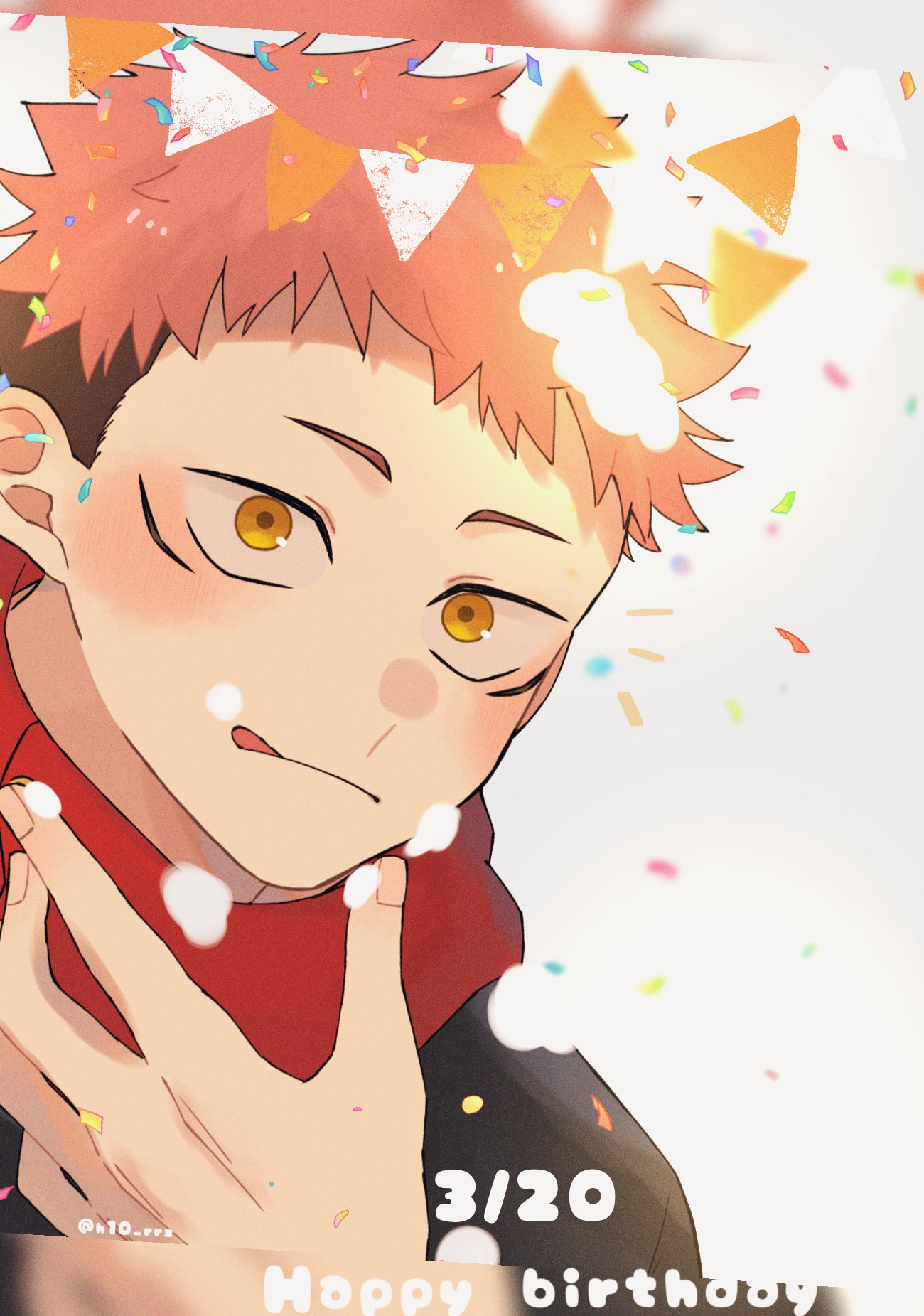 1boy black_hair black_jacket brown_eyes closed_mouth confetti dated facial_mark h10_rrz hand_up happy_birthday highres hood hood_down hoodie itadori_yuuji jacket jujutsu_kaisen licking_lips looking_at_viewer male_focus pink_hair red_hoodie short_hair simple_background solo tongue tongue_out twitter_username undercut upper_body white_background