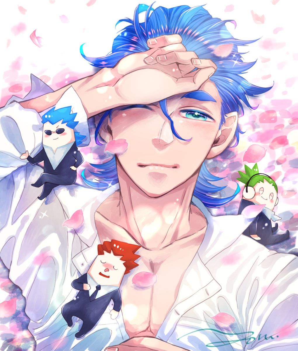 2bro. 3boys anija_(2bro.) artist_name blue_hair chibi collarbone everyone formal green_hair hair_between_eyes hand_up headphones highres male_focus multiple_boys necktie otoja otsuichi_(2bro.) petals redhead shirt short_hair sitting spiky_hair suit sunglasses thick_eyebrows white_shirt yoru_(butterflykixx)