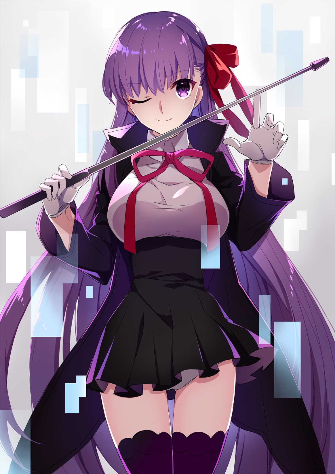 1girl bb_(fate)_(all) breasts fate/extra fate/extra_ccc fate_(series) gloves hair_ribbon highres lace lace-trimmed_legwear lace_trim large_breasts long_hair one_eye_closed panties purple_hair red_ribbon ribbon riding_crop smile solo thigh-highs underbust underwear very_long_hair violet_eyes ycco_(estrella)