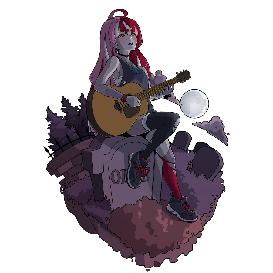 1girl ahoge alternate_hairstyle bandaged_arm bandages black_choker black_footwear black_legwear black_shirt brick_wall character_name choker clouds dirt earrings english_commentary fisheye full_moon graveyard guitar hair_down heterochromia holding holding_instrument hololive hololive_indonesia instrument ironwork jewelry kureiji_ollie leg_lift long_hair looking_up mismatched_legwear moon morningpanda multicolored_hair music necklace night open_mouth outdoors patchwork_skin playing_instrument red_eyes red_legwear shirt shoes sitting sitting_on_object sleeveless sleeveless_shirt sneakers solo thigh-highs tombstone torn_clothes torn_legwear transparent_background tree udin_(kureiji_ollie) upper_teeth very_long_hair yellow_eyes