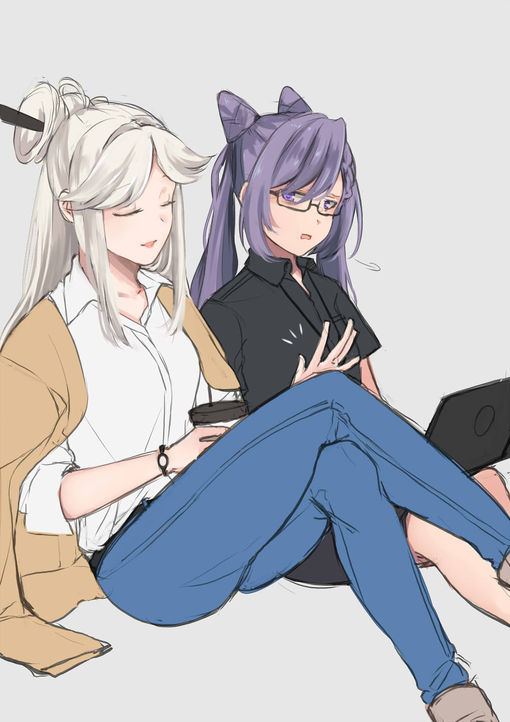 2girls blue_pants casual closed_eyes collared_shirt computer crossed_legs cup denim double_bun genshin_impact glasses hair_bun hair_ornament half-closed_eyes highres hinagi_(fox_priest) holding holding_cup jeans keqing_(genshin_impact) laptop long_hair multiple_girls ningguang_(genshin_impact) open_clothes open_mouth pants purple_hair shirt twintails watch white_hair