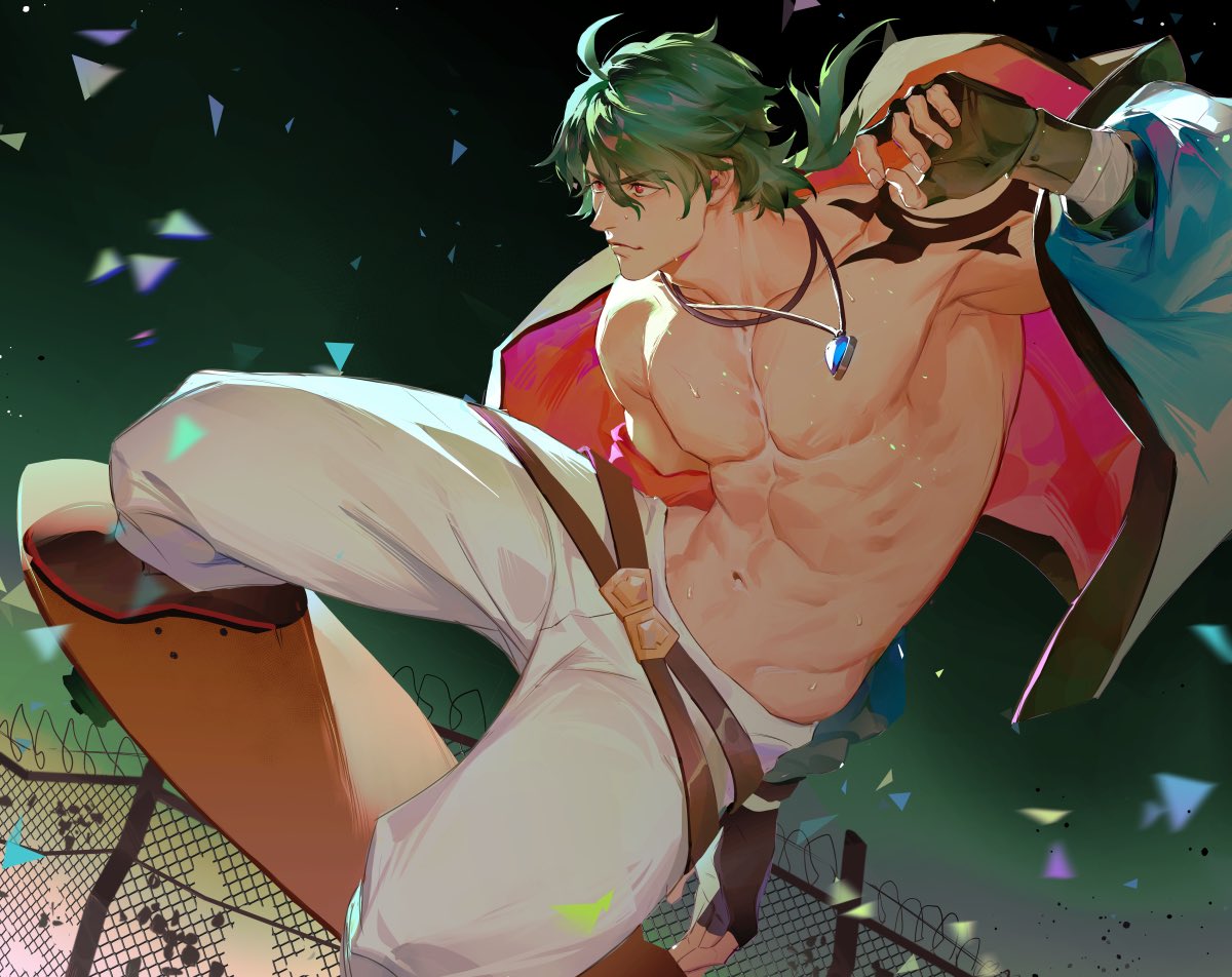 1boy ahoge barbed_wire bare_pecs belt black_gloves brown_eyes chain-link_fence fence fingerless_gloves gloves green_hair hair_between_eyes jacket jewelry joe_(sk8) jumping long_hair male_focus muscular muscular_male navel ncww_rinichi necklace open_clothes open_jacket outdoors pants ponytail shoulder_tattoo sk8_the_infinity skateboard solo tattoo white_pants