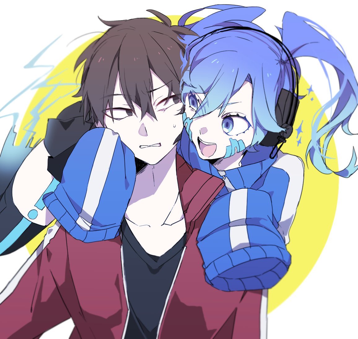 1boy 1girl black_eyes black_hair blue_eyes blue_hair blue_jacket brown_hair crypton_future_media eiku eyebrows_visible_through_hair hair_between_eyes headphones hug hug_from_behind jacket long_hair open_clothes open_jacket open_mouth piapro sleeves_past_fingers sleeves_past_wrists smile thigh-highs track_jacket twintails vocaloid