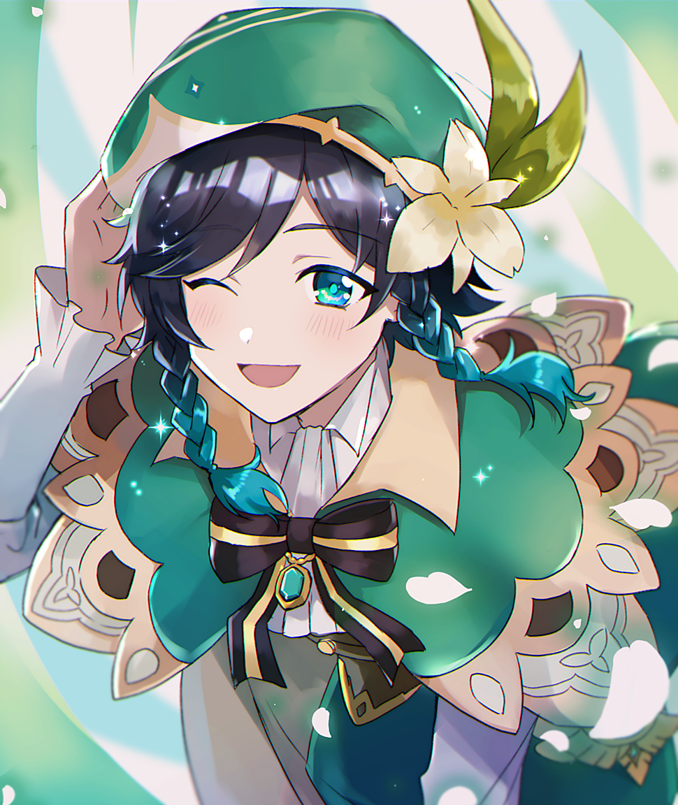1boy androgynous ari_(bleum) bangs beret black_hair blue_hair blush bow braid brooch cape collared_cape collared_shirt eyebrows_visible_through_hair flower frilled_sleeves frills gem genshin_impact gradient_hair green_eyes green_headwear green_shorts hand_on_own_head hat hat_flower jewelry leaf long_sleeves looking_at_viewer male_focus multicolored_hair one_eye_closed open_mouth petals shirt short_hair_with_long_locks shorts simple_background smile solo sparkle twin_braids venti_(genshin_impact) vision_(genshin_impact) white_flower white_shirt