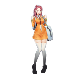 1girl blush breasts choney dress full_body last_origin looking_at_viewer lowres necktie official_art one_eye_closed one_side_up open_mouth orange_dress orangeade_(last_origin) pink_hair redhead see-through smile solo thigh-highs transparent_background violet_eyes white_legwear