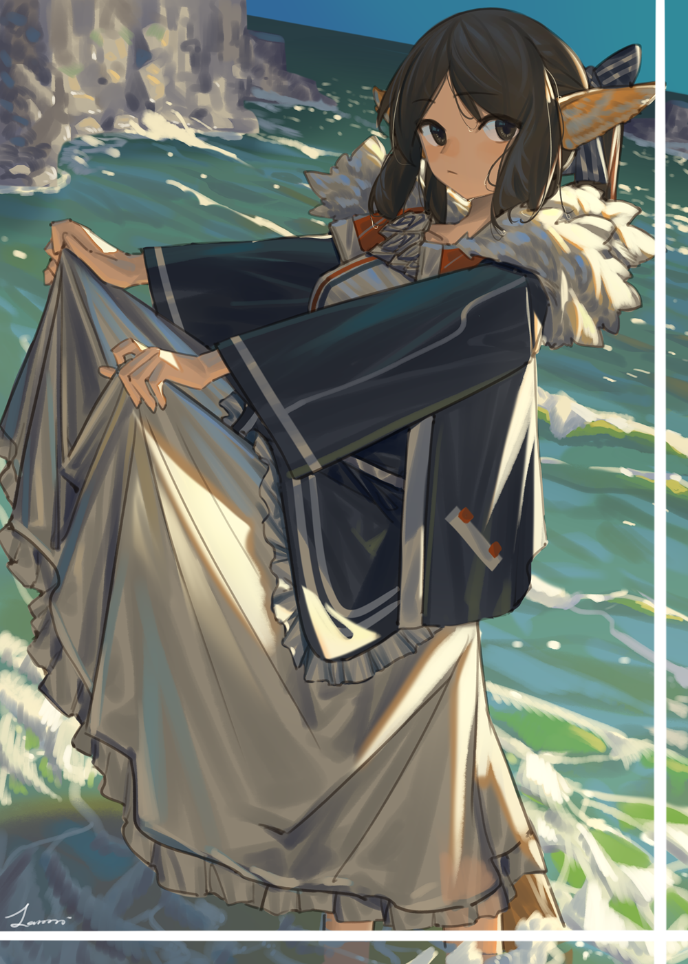 1girl animal_ears arknights blue_jacket blurry blurry_background bow brown_eyes brown_hair depth_of_field dutch_angle eyebrows_visible_through_hair fox_ears framed fur-trimmed_jacket fur_trim highres jacket lanzi_(415460661) long_skirt looking_at_viewer ocean outdoors perfumer_(arknights) ponytail shore sidelocks signature skirt skirt_lift soaking_feet solo tail waves white_skirt wide_sleeves