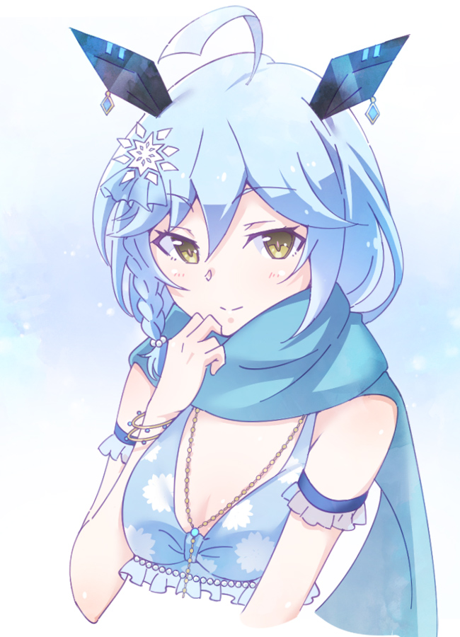 1girl ahoge animal_ears bikini blue_bikini blue_eyes blue_hair blush braid breasts brown_eyes closed_mouth e20 eyebrows_visible_through_hair hair_ornament jewelry looking_at_viewer necklace rabbit_ears shiny shiny_hair short_hair show_by_rock!! simple_background small_breasts smile snowflake_hair_ornament solo swimsuit uiui_(show_by_rock!!) upper_body white_background