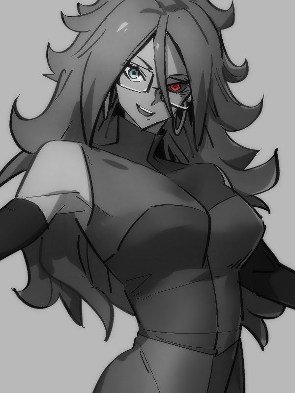 1girl android_21 black_sclera blue_eyes breasts checkered checkered_dress colored_sclera dragon_ball dragon_ball_fighterz dress earrings grey_background greyscale hair_between_eyes heterochromia hoop_earrings jewelry kemachiku long_hair looking_at_viewer medium_breasts monochrome open_mouth red_eyes simple_background smile solo teeth upper_teeth
