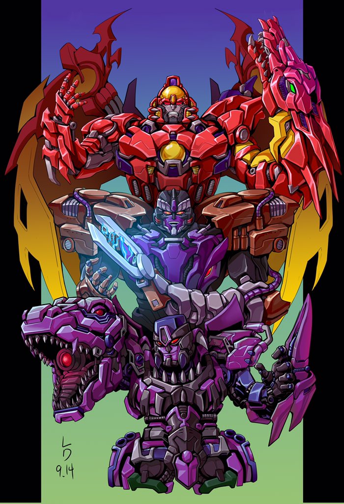 3boys arm_cannon beast_machines beast_wars blue_eyes clenched_teeth ct990413 evolution looking_at_viewer looking_to_the_side mecha megatron megatron_(beast_wars) multiple_boys no_humans open_hand predacon red_eyes science_fiction teeth transformers v-fin weapon