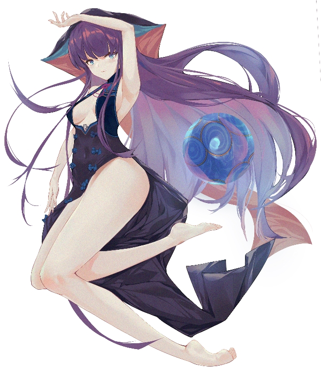 1girl :3 armpits bangs bare_shoulders barefoot black_dress blue_eyes blunt_bangs breasts center_opening china_dress chinese_clothes dress eyelashes fate/grand_order fate_(series) hand_up hime_cut jitome katachi_noboru_nishikino light_smile long_hair medium_breasts purple_hair side_slit sidelocks simple_background smile solo thick_thighs thighs toe_scrunch under_boob very_long_hair white_background yang_guifei_(fate)