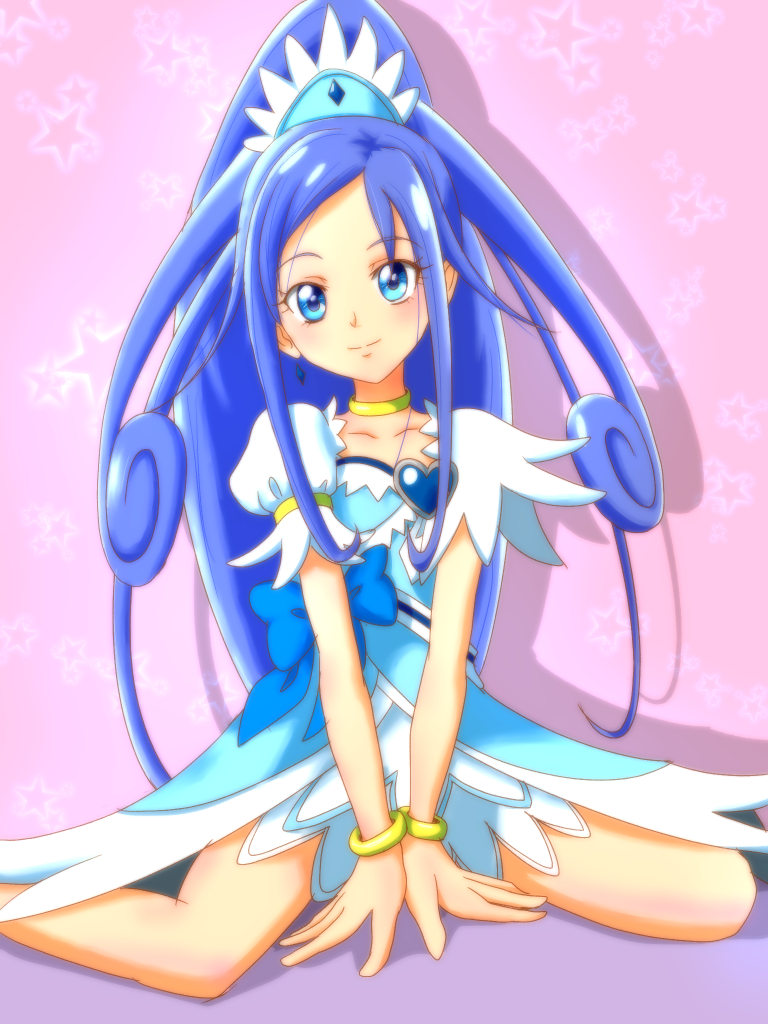 1girl between_legs blue_dress blue_eyes blue_ribbon choker collarbone cure_diamond dokidoki!_precure dress earrings forehead hair_ornament hairband hand_between_legs heart hishikawa_rikka jewelry kamonan_(pixiv_id_1430057) long_hair looking_at_viewer magical_girl pink_background ponytail precure puffy_sleeves ribbon shadow sitting smile solo starry_background tiara wariza