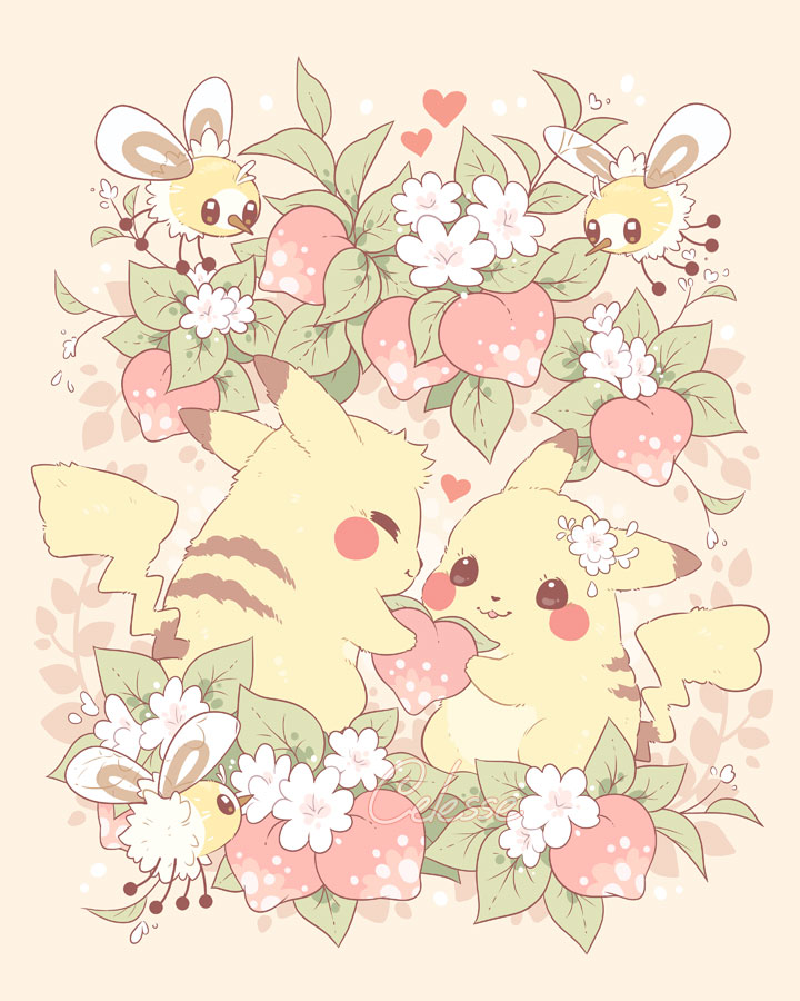 anniversary berry berry_(pokemon) closed_eyes commentary cutiefly english_commentary flower flying gen_1_pokemon gen_7_pokemon heart holding leaf looking_at_another no_humans pikachu pokemon pokemon_(creature) samantha_whitten smile watermark white_flower