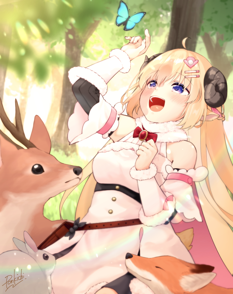 1girl :d ahoge animal_ears bangs bare_shoulders belt_pouch black_skirt blonde_hair blue_eyes blush bow bowtie braid brooch bug butterfly butterfly_on_finger cape curled_horns deer detached_sleeves dress forest fox fur-trimmed_dress fur-trimmed_sleeves fur_trim hair_ornament hairclip half_updo hololive horns insect jewelry long_hair miniskirt nature open_mouth pink_cape pon_kichi pouch rabbit red_neckwear ribbed_sleeves sheep_ears sheep_girl sheep_horns skirt sleeveless sleeveless_dress smile solo tsunomaki_watame two-sided_cape two-sided_fabric very_long_hair violet_eyes virtual_youtuber white_dress