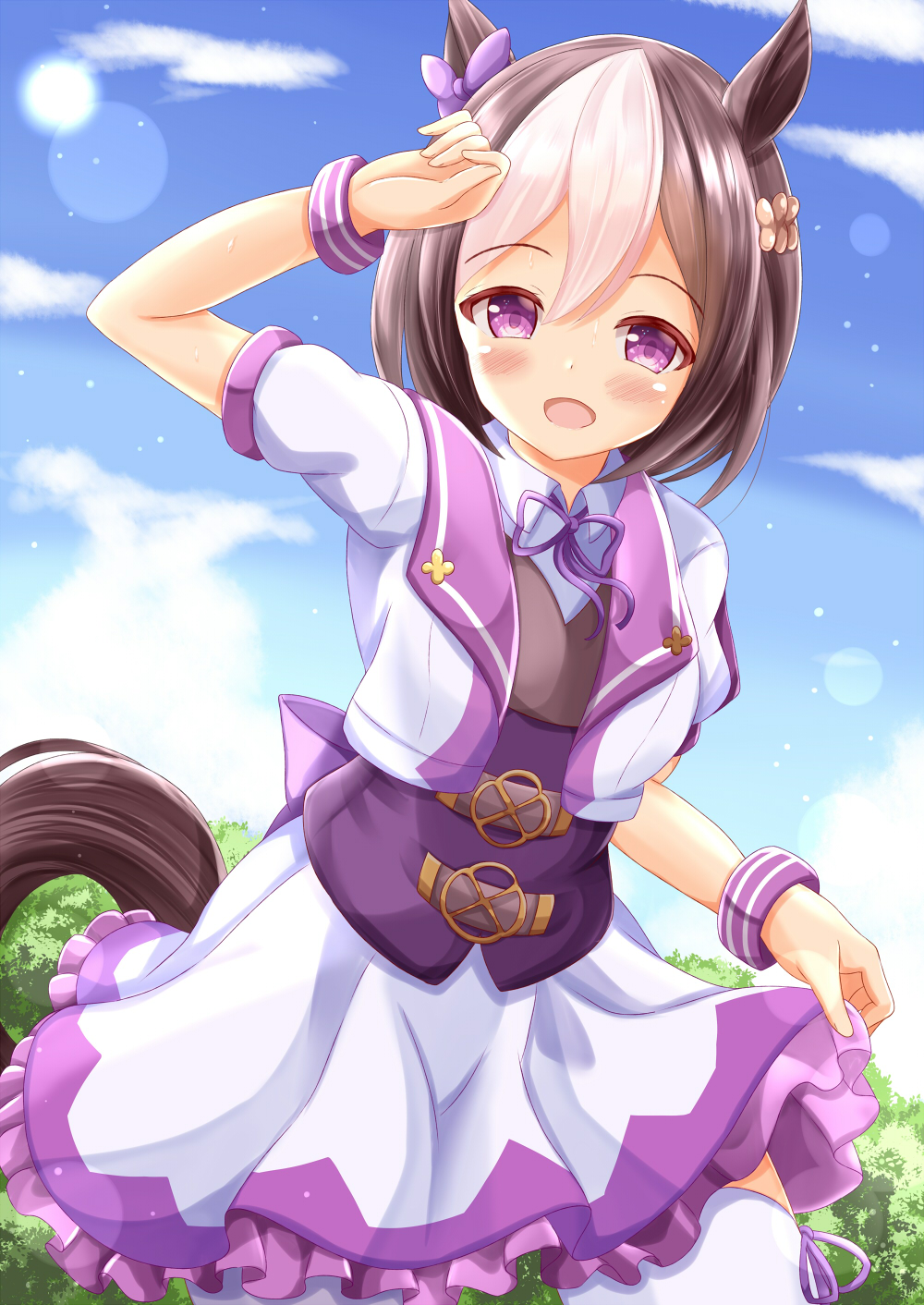 1girl :d animal_ears arm_up bangs black_hair blue_sky blush braid clouds collared_shirt commentary_request day eyebrows_visible_through_hair frilled_skirt frills hair_between_eyes highres horse_ears horse_girl horse_tail jacket looking_at_viewer multicolored_hair neck_ribbon open_clothes open_jacket open_mouth outdoors purple_ribbon purple_vest ribbon shirt skirt sky smile solo special_week tail thigh-highs two-tone_hair umamusume vest violet_eyes white_hair white_jacket white_legwear white_shirt white_skirt zenon_(for_achieve)