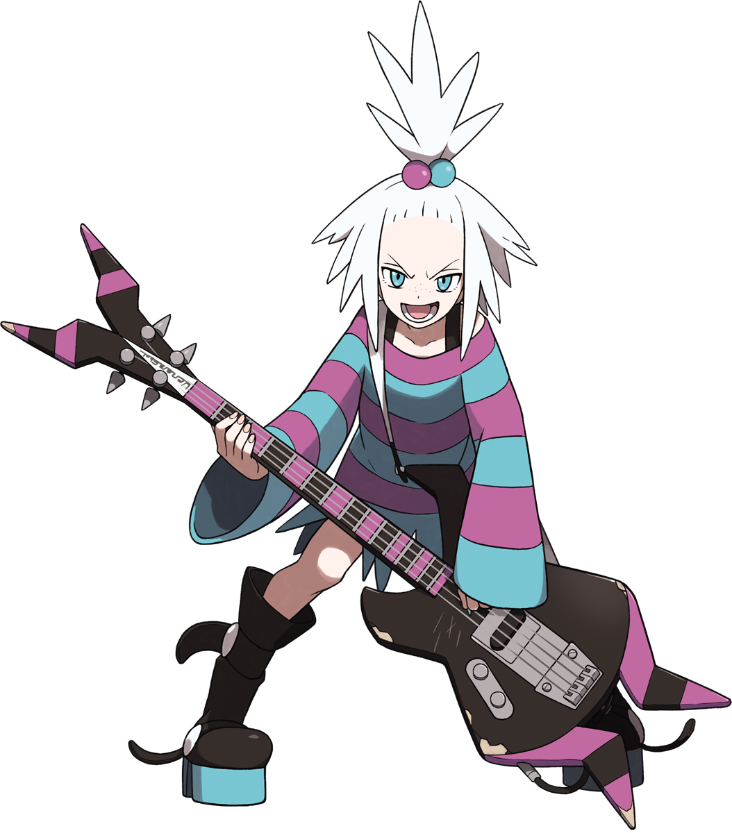 1girl bass_guitar boots dress forehead freckles full_body gym_leader hair_bobbles hair_ornament highres holding holding_instrument instrument legs_apart long_sleeves looking_at_viewer official_art oomura_yuusuke open_mouth pokemon pokemon_(game) pokemon_bw2 roxie_(pokemon) short_dress smile solo standing striped striped_dress teeth tongue topknot transparent_background two-tone_dress white_hair