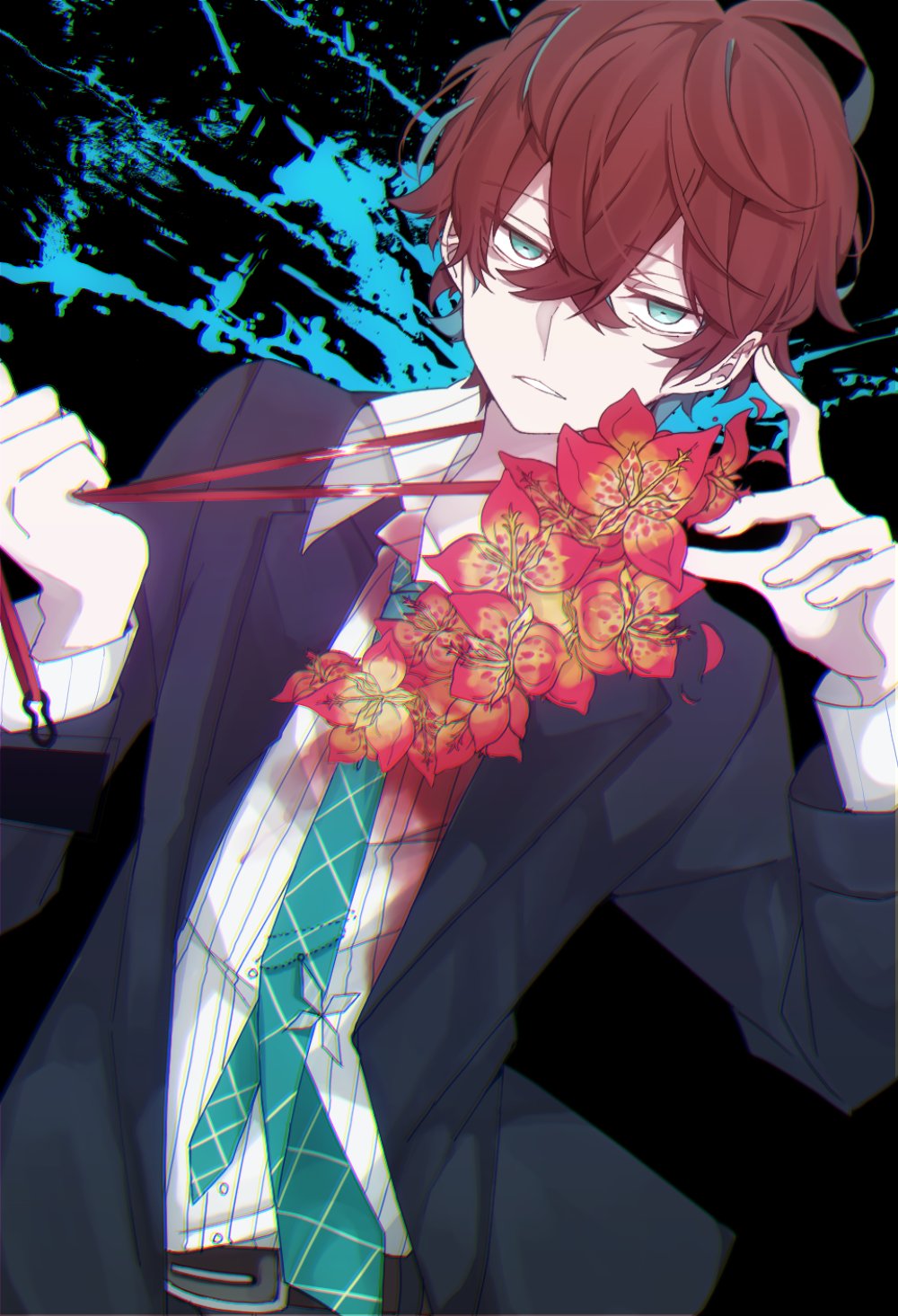 1boy black_background black_jacket blazer blue_neckwear eiku flower green_eyes hair_between_eyes hands_up hibiscus highres holding hypnosis_mic jacket kannonzaka_doppo lanyard long_sleeves looking_at_viewer male_focus necktie paint_splatter parted_lips red_neckwear redhead shirt solo striped striped_shirt vertical-striped_shirt vertical_stripes white_shirt