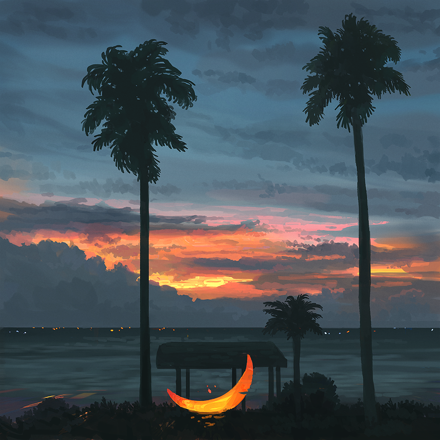 clouds crescent_moon denis_istomin moon ocean original palm_tree scenery sky summer sunset surreal tree water
