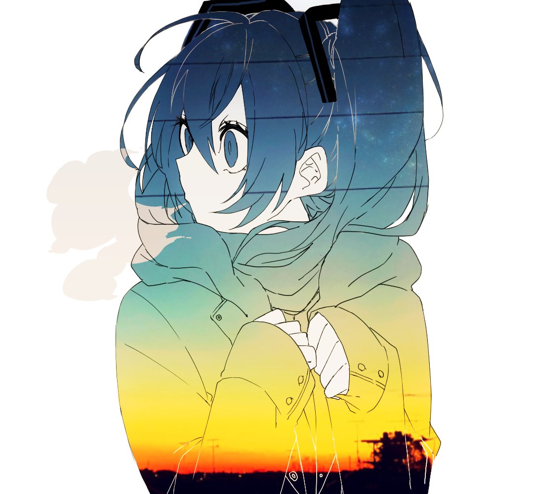 1girl bangs blue_eyes blue_hair coat crypton_future_media eiku from_side gradient gradient_background hair_between_eyes hatsune_miku jacket long_hair looking_away piapro sleeves_past_wrists solo twintails upper_body vocaloid white_background