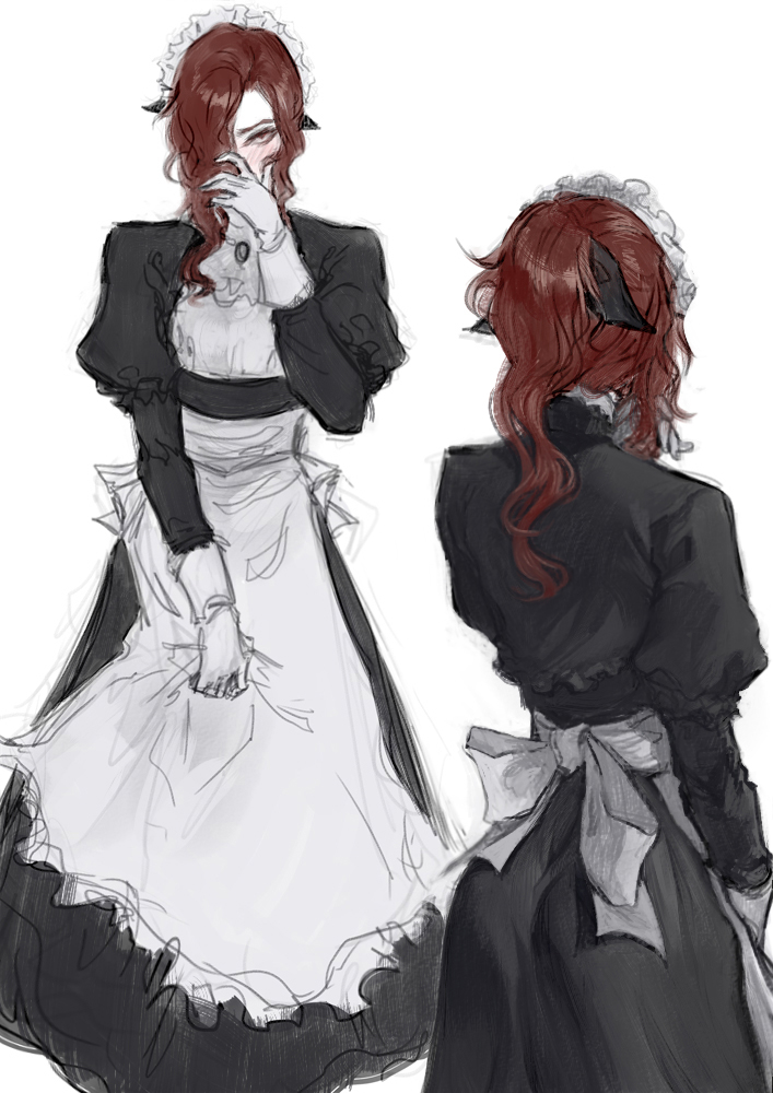 1boy alternate_costume dress enmaided hair_over_one_eye juliet_sleeves long_dress long_hair long_sleeves maid maid_headdress male_focus multiple_views nat_the_lich original puffy_sleeves red_eyes redhead renard_beauchene_(nat_the_lich) simple_background white_background