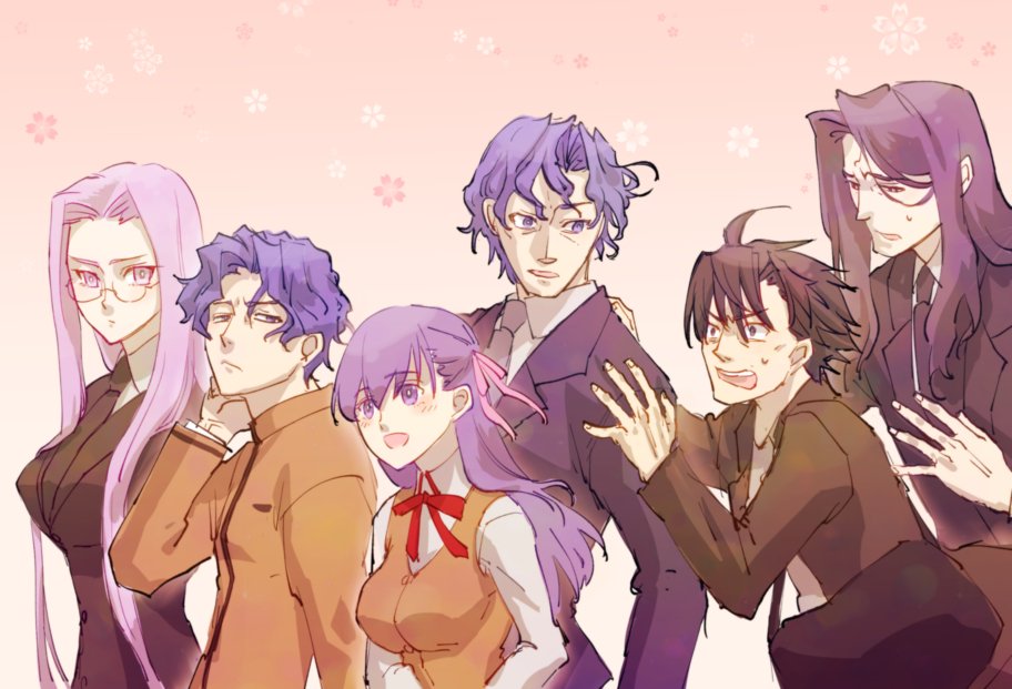 2girls 4boys ahoge berserker_(fate/zero) black_hair blue_eyes blue_hair brother_and_sister fate/stay_night fate_(series) father_and_son formal gakuran glasses hair_ribbon homurahara_academy_uniform ichira-san long_hair matou_byakuya matou_kariya matou_sakura matou_shinji multiple_boys multiple_girls purple_hair ribbon rider school_uniform short_hair siblings suit time_paradox very_long_hair violet_eyes wavy_hair what_if